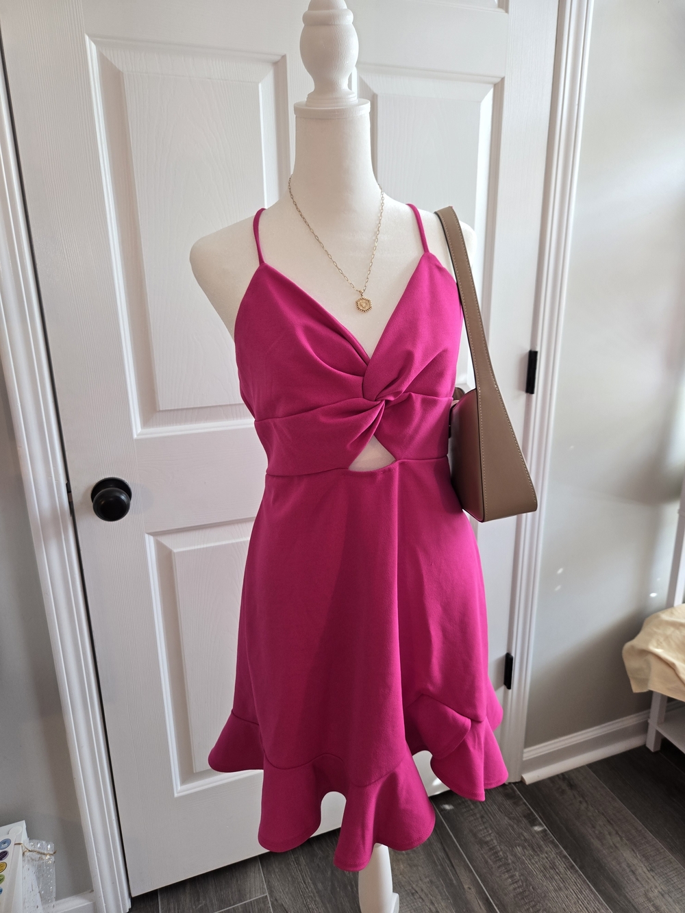 Fuchsia Twist Front Spaghetti Strap Mini Dress